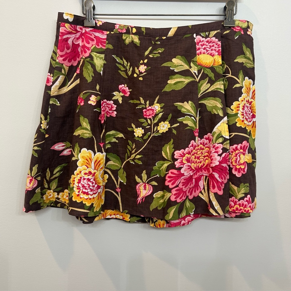 Boston Proper Linen Wrap Skort Brown Background Floral Print Pleats Size 12